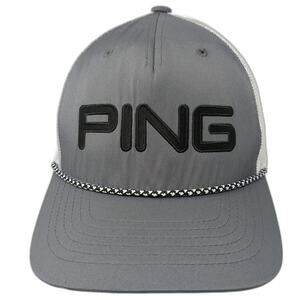 PING Trucker Hat Gray One Size Mesh Back Snapback Rope Front Golf Logo 110 Tech